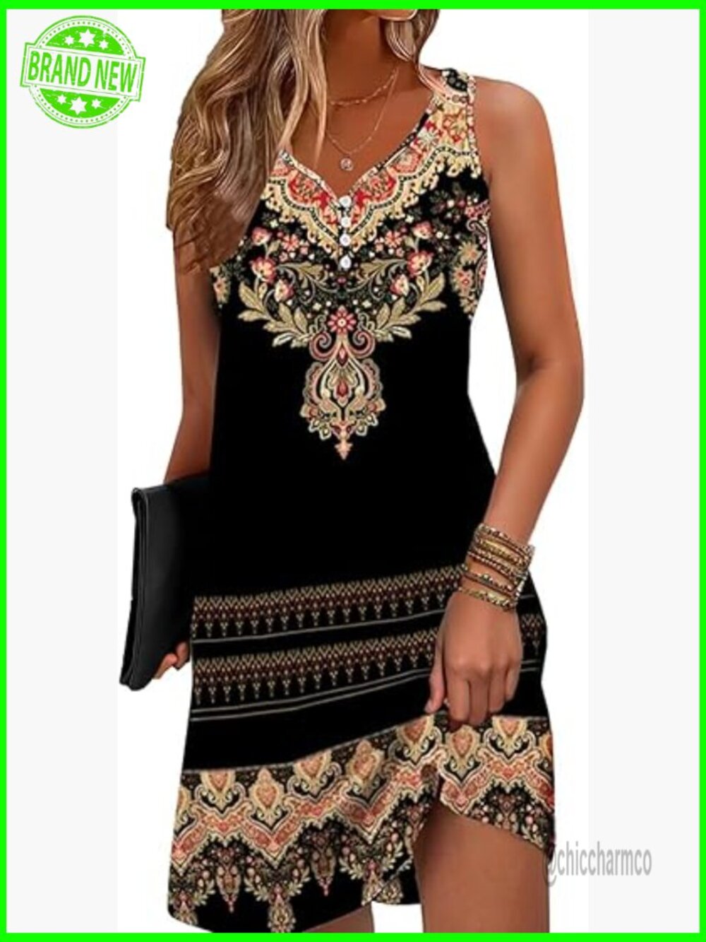 Sleeveless Floral A-Line Sundress with V-Neck Bohemian Style